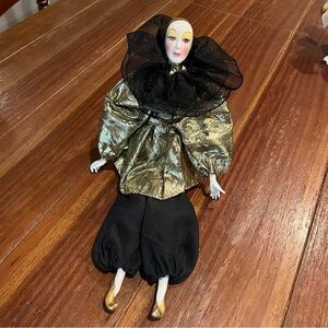 Vintage 1980s Doll Crafter Silvestri Porcelain Jester Doll Gold & Black